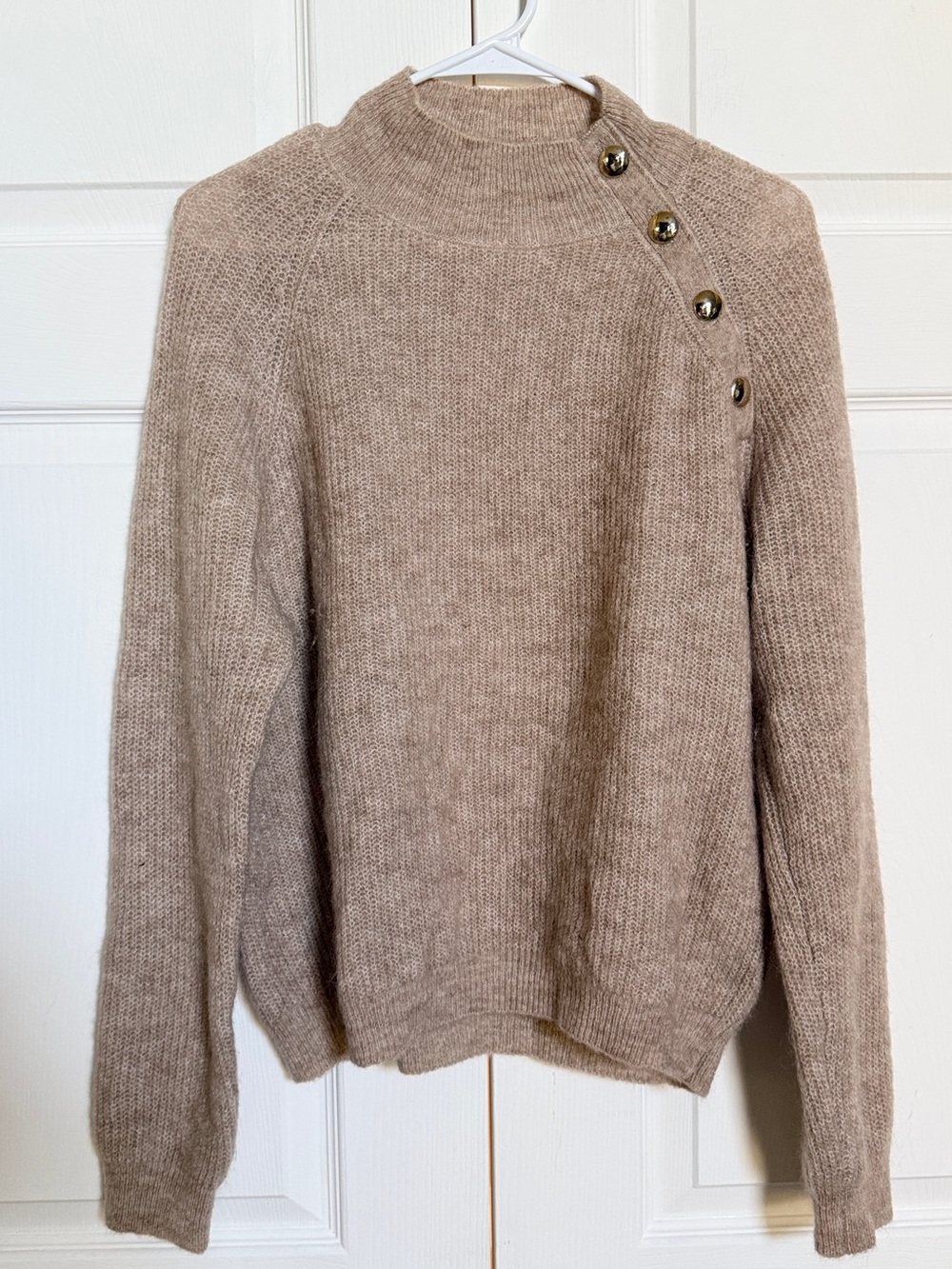 Sezane Taupe Button-Shoulder Turtleneck Sweater size M.